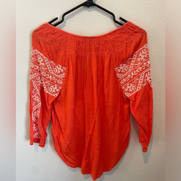 Hinge Orange Coral Embroidered Flowy 3/4 Sleeve Top with Tassels Size XS - Picture 10 of 10
